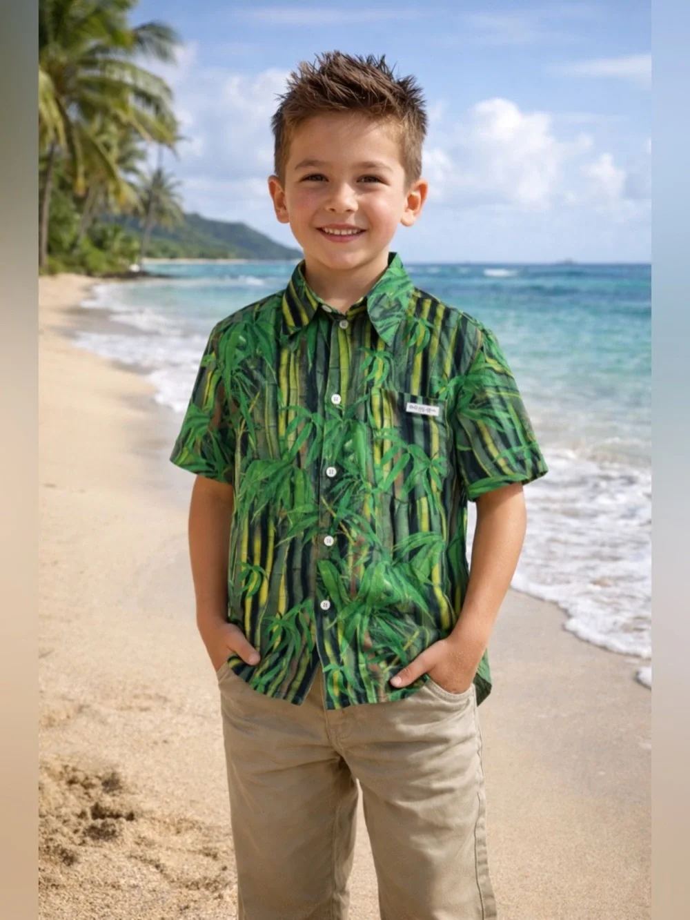 Dolce & Gabbana Bamboo Print Button Down Shirt Green Cotton Collared Boys 10 D&G